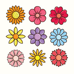 Collection of flat spring flowers in vibrant colors