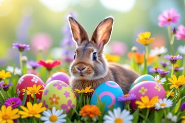 Fototapeta premium Adorable bunny surrounded by colorful Easter eggs in a vibrant spring meadow, wildflowers blooming, cheerful, fluffy, spring