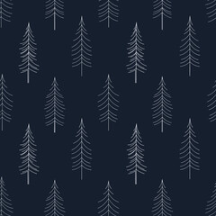 Obraz premium A simple and elegant pattern of stylized pine trees in white on a dark blue background.