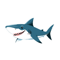 Fototapeta premium A cute cartoon illustration of a great white shark with a friendly smile and sharp teeth swimming in clear blue water.