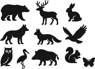 Set of black animal silhouettes including bear, deer, rabbit, bird, and butterfly, vector illustration for wildlife and nature themes
