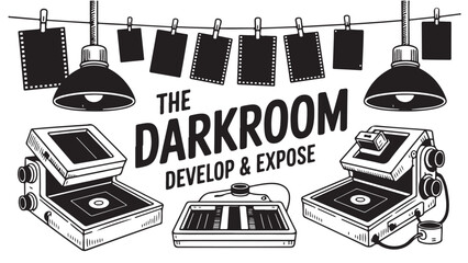 Darkroom equipment illustration including enlargers and film for photography and printing processes isolated on white background