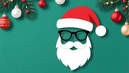 Santa Claus Face with Glasses and Christmas Ornaments on Green Background