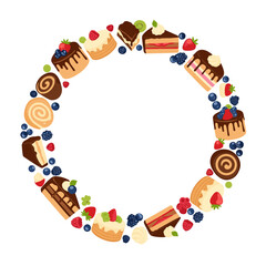 Fototapeta premium A circular arrangement of delicious assorted pastries and fresh berries is presented.
