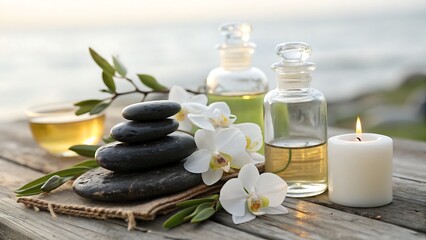Spa massage stones essential oils and orchid flowers with lit candle
