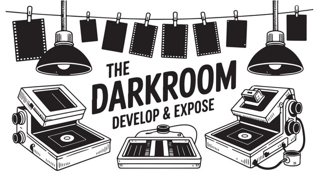 Darkroom equipment illustration including enlargers and film for photography and printing processes isolated on white background