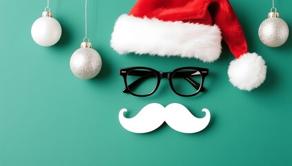 Fun Christmas Flat Lay with Santa Hat, Glasses, and Decoration