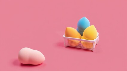 Pastel makeup sponges in basket and alone beauty blender cosmetic tools