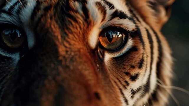 Close-up extreme detail of a tiger's eye, highlighting its intense gaze and striking patterns, a powerful symbol of nature's wild beauty