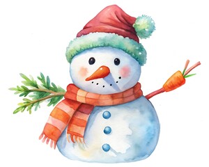 Watercolor illustration of a cute snowman with a carrot hand isolated on white background for christmas and new year