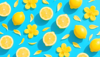 Vibrant Lemon and Yellow Flower Arrangement on Bright Blue Background