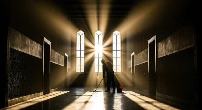 Person standing in hallway with dramatic sunbeams streaming through windows - Powered by Adobe