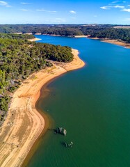 High-angle view of a reservoir shoreline