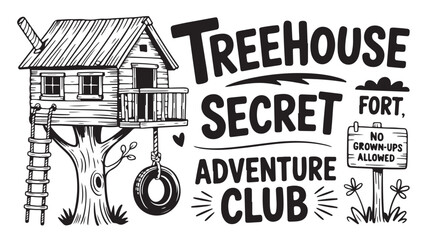 Hand-drawn treehouse illustration with tire swing and ladder vector design for adventure club logo isolated on white background
