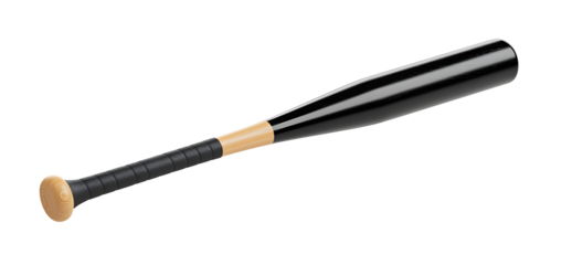 Wooden baseball bat with a black grip handle isolated on transparent cutout background, cut out, png