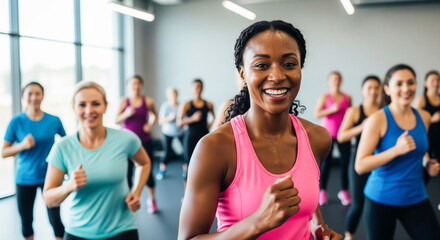 Joyful multiethnic women jogging together in a vibrant fitness class.