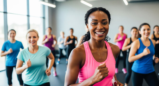 Joyful multiethnic women jogging together in a vibrant fitness class. - Powered by Adobe