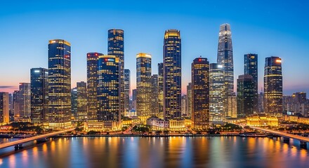 Fototapeta premium City Skyline Night Lights Urban Architecture Downtown Business