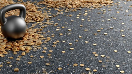 Heavy kettlebell rests among scattered coins on a textured surface, highlighting fitness and finance together for an inspiring workout environment
