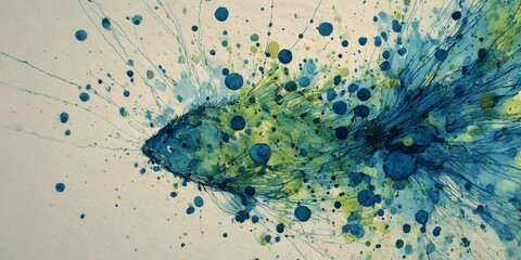 An abstract watercolor painting of a fish with blue and green hues featuring splashes and splatters on a light background