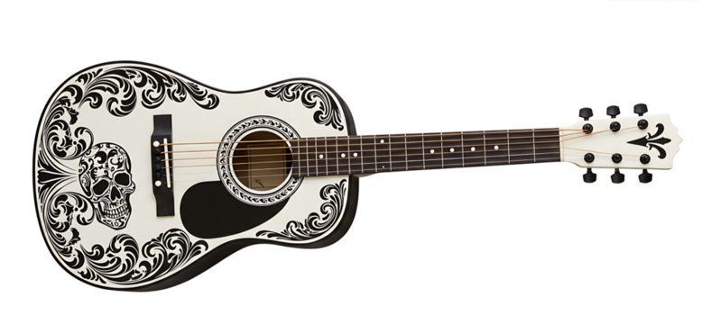 artistically designed guitars, adorned with ornate black scrollwork and a skull design on a white body isolated on transparent cutout background, cut out, png - Powered by Adobe