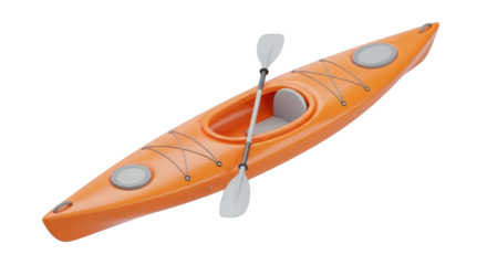 Orange Kayak with Paddle and Gray Seat isolated on a transparent background watercraft boat