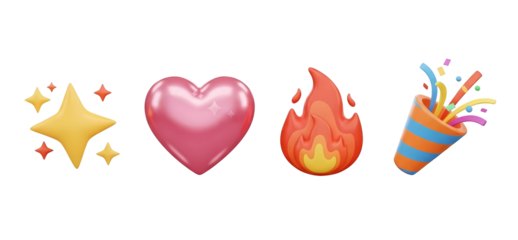3D social media reaction icons set with heart, fire, star, and party popper isolated on transparent cutout background, cut out, png