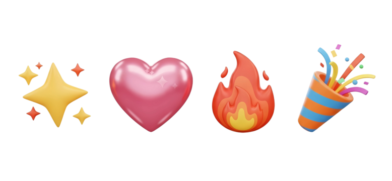 3D social media reaction icons set with heart, fire, star, and party popper isolated on transparent cutout background, cut out, png