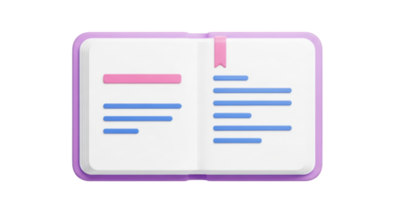Open purple notebook with pink bookmark and blue lines isolated on a transparent background