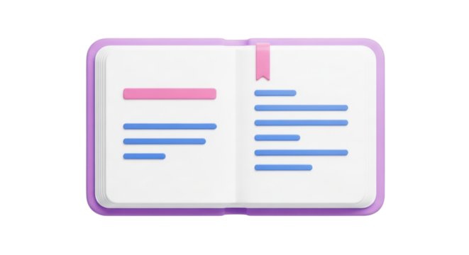 Open purple notebook with pink bookmark and blue lines isolated on a transparent background