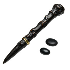 Obraz premium Dark, mystical, hand-carved wooden wand with intricate patterns and golden ring, next to a polished river pebble on a seamless transparent background. Concept of refined simplicity, craftsmanship, and