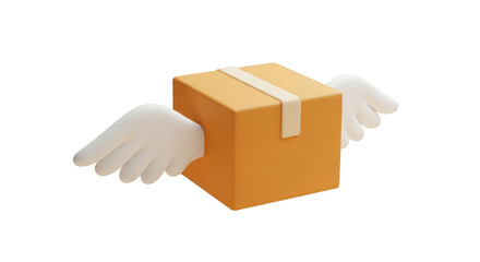 Orange shipping box with white wings flying isolated on a transparent background delivery package