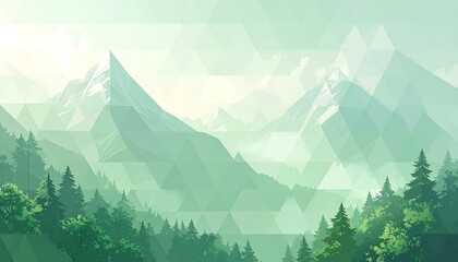 Mountain range covered with forest trees in pale, pastel green and light blue tones