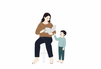 Obraz premium Illustration of a woman seated on a stool reading a book while a young child stands beside her, both engaging in a shared moment of storytelling and learning