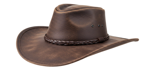 Rodeo horse rider, wild west culture, Americana and american country music concept theme with a brown leather cowboy hat isolated on transparent cutout background, cut out, png