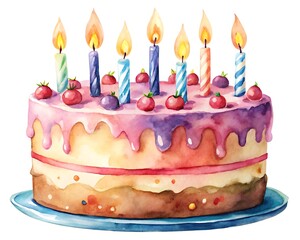 Watercolor birthday cake with candles isolated on white background, a sweet treat for a special celebration, delicious dessert