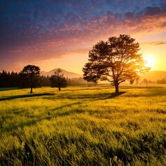 Beautiful view of the meadow and amazing trees in a beautiful setting. Sunset, summer; forest, cloudy sky before storm scenery 