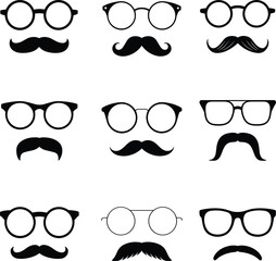 Eyeglasses icons, mustache styles, facial accessories, character design, black and white, vector set, fashion elements, hipster look, retro style, graphic pack, illustration, silhouette