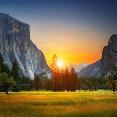 Beautiful view of the meadow and amazing trees somewhere famous. sun set in yosemite valley; this shot is from glacier