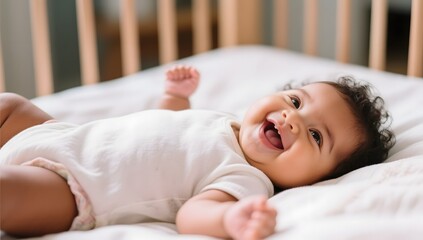 Happy Baby with Curly Hair Smiling on Soft White Bedding