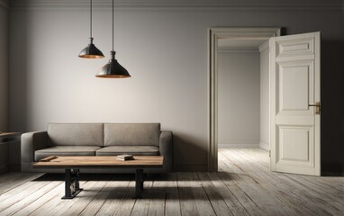 A light-filled living room, showcasing a modern, industrial-style design with a vintage touch.