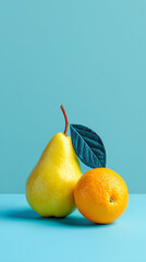 Minimalistic Composition of Pear and Tangerine on Light Blue Pastel Background with Space for Text