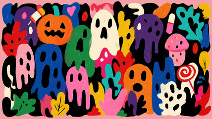 Halloween vector artistic paint background. Many elements next to each other: pumpkin, ghost, halloween sweets, monsters, leaves, autumn elements. 