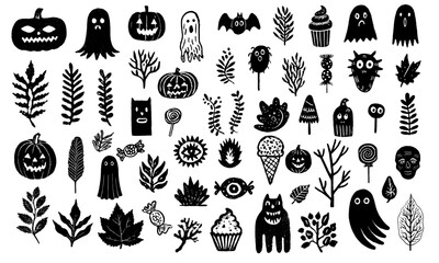 Halloween linocut vector set. Many elements next to each other: pumpkin, ghost, Halloween sweets, monsters, leaves, autumn elements. 