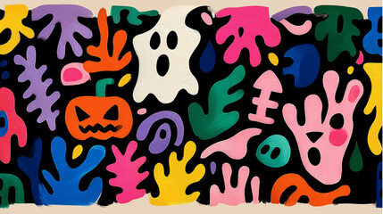Halloween vector artistic paint background. Many elements next to each other: pumpkin, ghost, halloween sweets, monsters, leaves, autumn elements. 