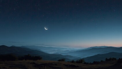 Panoramic mountain vista at night, illuminated by starlight and a crescent moon