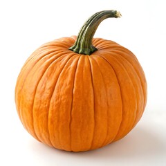 Single ripe orange pumpkin with green stem on white background