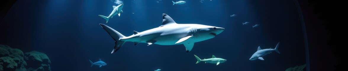 Obraz premium A great white shark, a silhouette of predatory power, swims in the inky blackness of a large aquarium. Its stark white form contrasts sharply with the dark, my, deep sea, silhouette, powerful