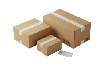 Pristine brown corrugated shipping boxes, white tape, and label, on clean transparent, 45-degree overhead, bright studio lighting, concept of professional e-commerce delivery