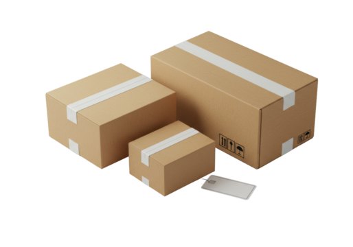 Pristine brown corrugated shipping boxes, white tape, and label, on clean transparent, 45-degree overhead, bright studio lighting, concept of professional e-commerce delivery